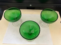3 VINTAGE HOCKING GREEN CLEAR STEM BUBBLE FOOT CHAMPAGNE SHERBERT GOBLET GLASS