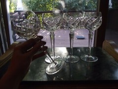 (4) Wine Hocks Glasses 7-1/2″ cut criss cross diamond crystal panel facet stem