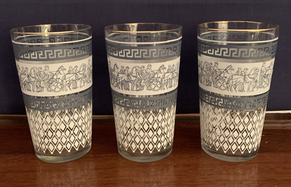 3 Vintage 5” Tumblers/Glasses/Ice Tea~Roman Chariot Graphics~Blue White On Clear