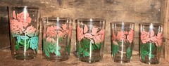 Vtg. Federal Glass Pink Rose to Green Leaf Drink Glasses 5 in 3 different sizes