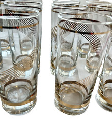 Set 4 Vtg Glasses Culver Tall Highball Tumbler Gold Rings Swirl MCM 60s XL 16 Oz
