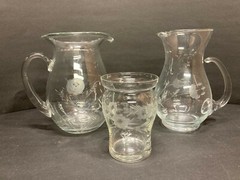 Two Small Vintage Carafe Pitchers Etched Floral Glass With Etched Tumbler Vase
