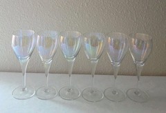 Vtg Set of 6 Iridescent Glasses Wine 7″ Hand Blown Rainbow Iris Lustre…