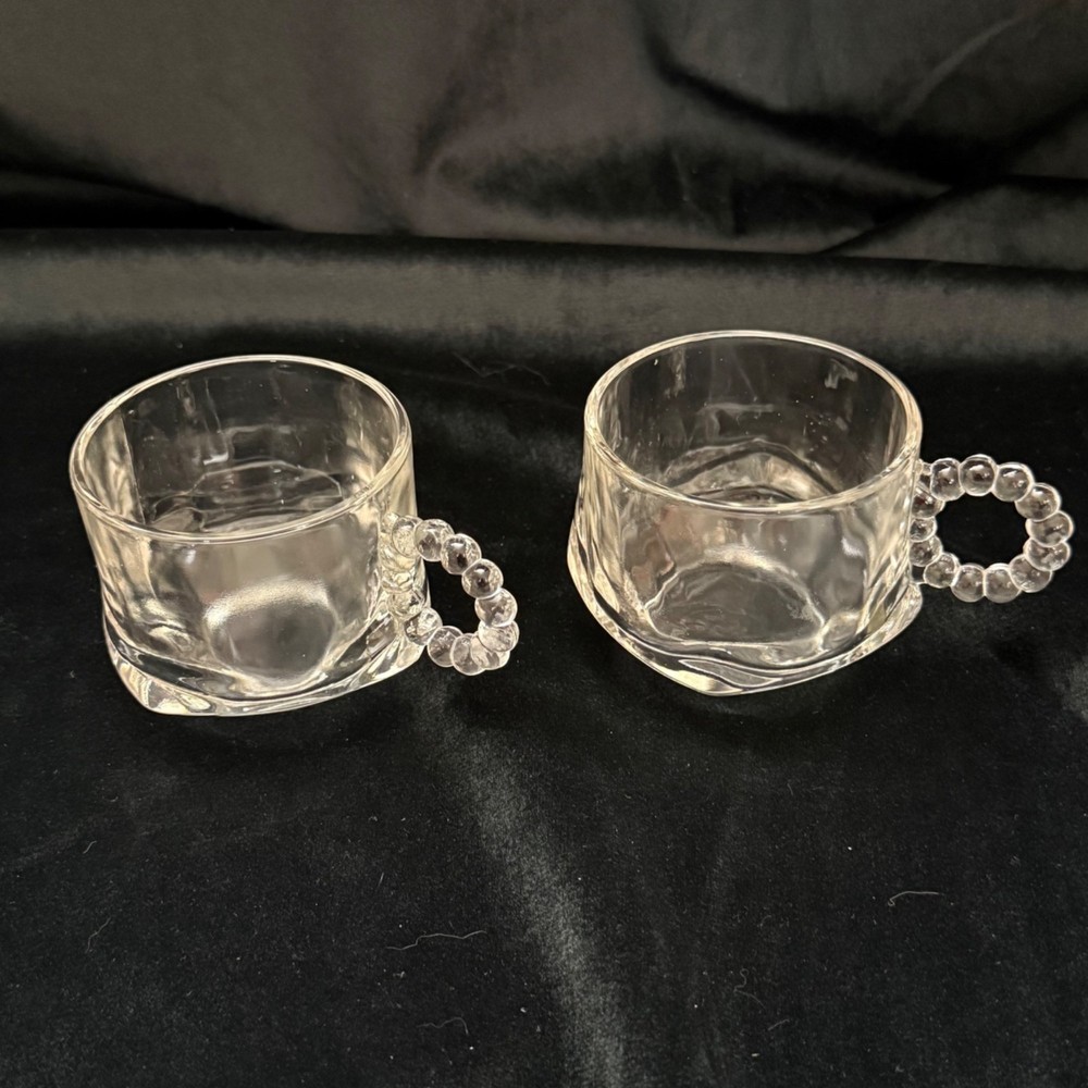 Set of 2 Vintage Hazel Atlas «Orchard Crystal» Punch Cups Beaded Handle Clear Gl