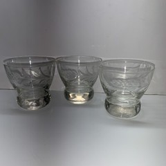 Vintage Set Of 3 Wheat Etched Low Ball Glasses 3” High MCM Heavy Round Bottom