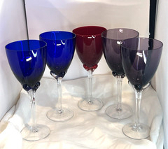 Vintage Tulip Petal Stem Water Wine Goblets Cobalt Blue Amethyst Purple Red 5