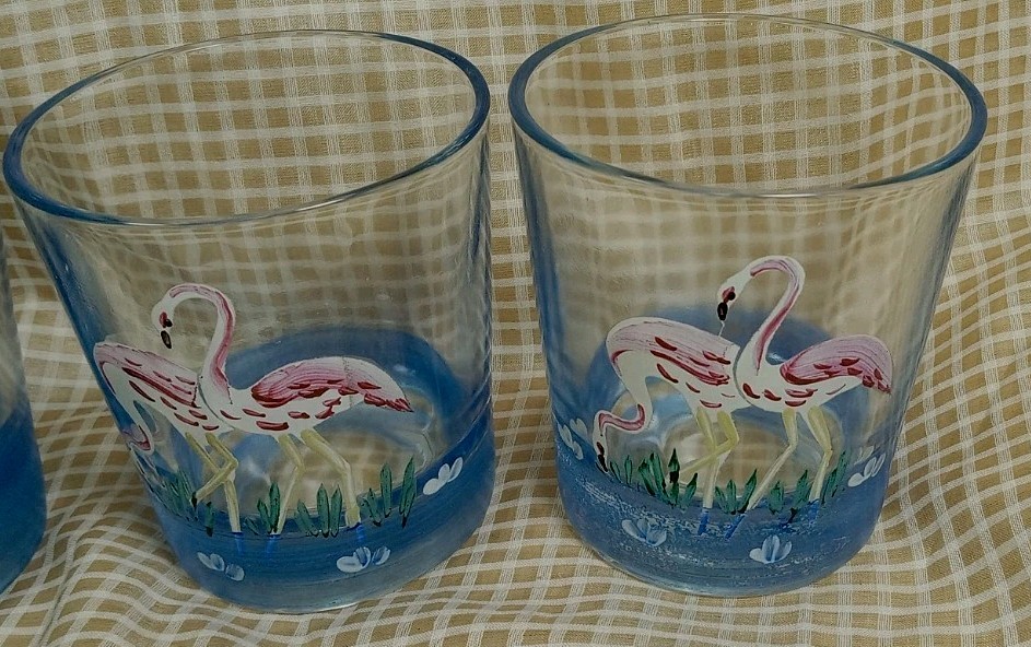SET 4 Federal Short Glass Game Birds & Flamingo’s Clear & Blue Tumblers 3 ¼”