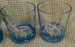 SET 4 Federal Short Glass Game Birds & Flamingo’s Clear & Blue Tumblers 3 ¼”