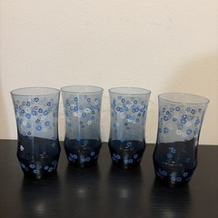 4 Vtg Libbey Blue Drinking Glasses Daisy Spring Blossom Strawflower Tumbler 5.5″