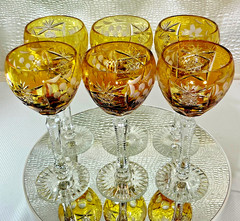Cut to Clear Glass Crystal 8” Set of 6 Nachtmann Amber Yellow Hock Wine Glasses.