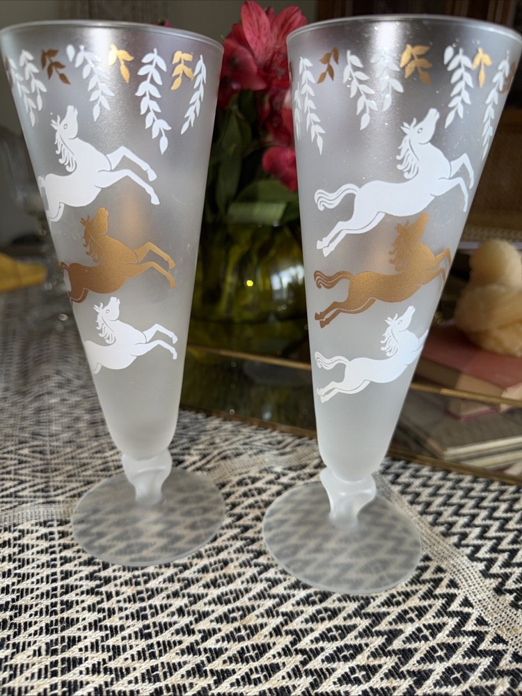 Vintage Libbey Cavalcade Frosted Pilsner Glasses 8” Pair (2) Jumping Horses MCM