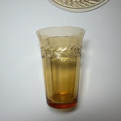Vintage Amber Etched Juice Glasses w/ Saucers Wheat Pattern Thin Glass Set