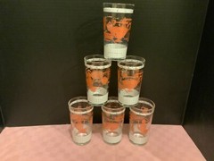 Vintage Set of 6 White Pink Kitchen Drinking Glasses teapots checked 50’s? Tea