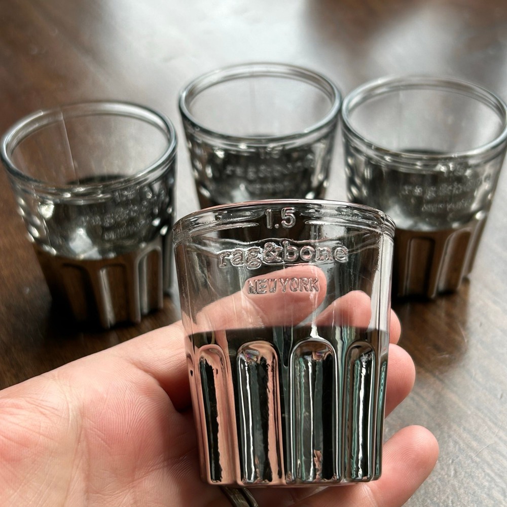 Rag & Bone New York Glass and Gun Metal Plated Shot Glasses 1.5 Oz Set of 4