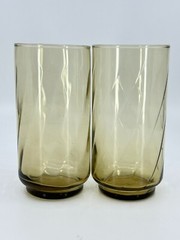 2 Libbey Tawny Swirl Optic Tumblers Brown Drinking Glasses RARE VINTAGE