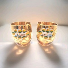 2 Vintage Murano Amber 24k Gold Leaf Enamel Flowers Cordial Glasses Tre Fuochi