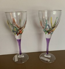 Purple Stem Murano Wine Glasses Crystal Multicolor Swirl Pattern Italy 2 Pieces