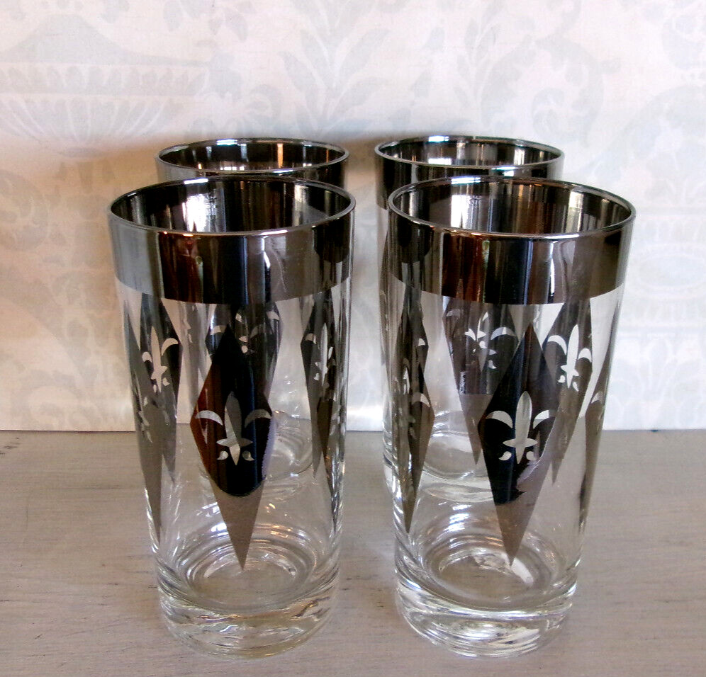 4 MID CENTURY Highball BAR GLASSES Silver FLEUR DE LIS DIAMOND Pattern MCM