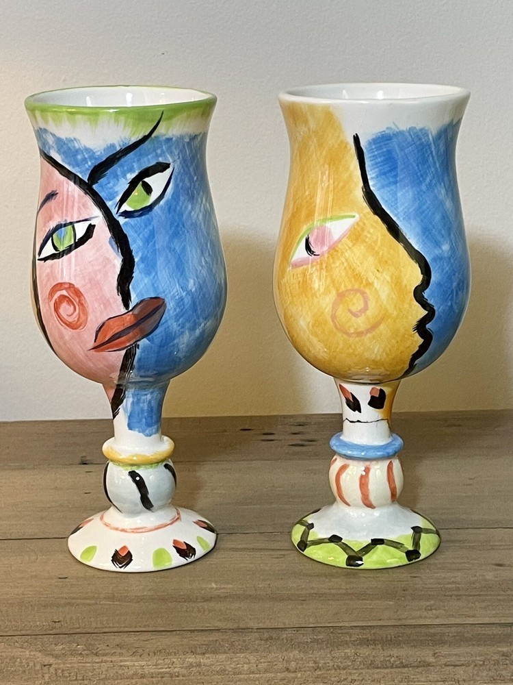 casa bella by ganz wine water goblet glasses abstract Faces hand painted Pair
