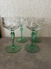 Vintage Set of 4 Small Tiffin Green Festoon Optic Draped Waved Glass GLOWS w/UV