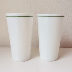 (2) White Milk Glass Tumbler Green Line Trim Vintage Drinkware