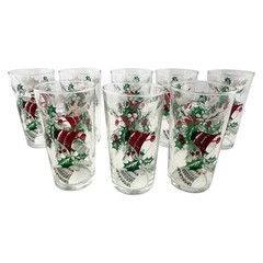 Hazel Atlas Christmas Tumblers (8) Holiday Glasses Vintage Holly & Bells 5″ H