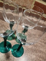 Rhine Crystal MCM Vtg 1960s Beveled Wine Glasses Twisted Emerald Stems Set Of 4