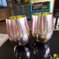 Set of 2 Purple & Gold Iridescent Arrow Pattern Glass Tumbler Drinking Glasses