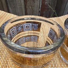 Vintage MCM Jeanette Clear & Gold Condiment Glasses Set with Metal Handle Caddy