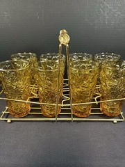 Vintage MCM Amber Textured Drinking Glasses 12 oz and Gold Tone Caddy