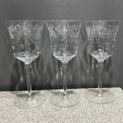 3 Vtg Etched Crystal Water Goblet Wine Glasses 7.8” Floral Leaves Elegant EUC!