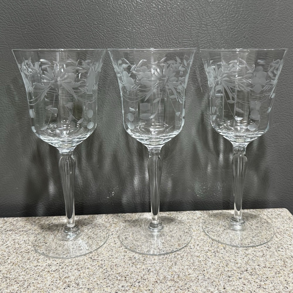 3 Vtg Etched Crystal Water Goblet Wine Glasses 7.8” Floral Leaves Elegant EUC!