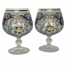 2 Vintage Gold Trim 3D Raised Flowers Wine Glasses 4 3/4″ Pale Blue FF