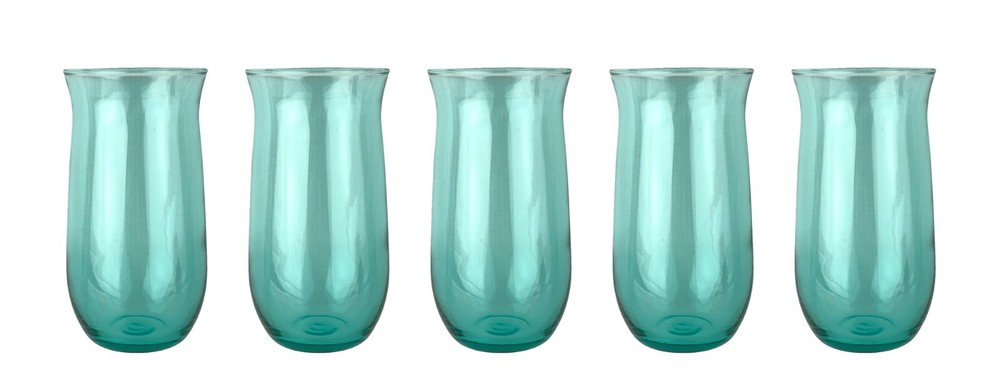 Lot of 5 Vintage Aqua Blue Clear Thin Glass Tumblers Glasses Flared Top 5.25″