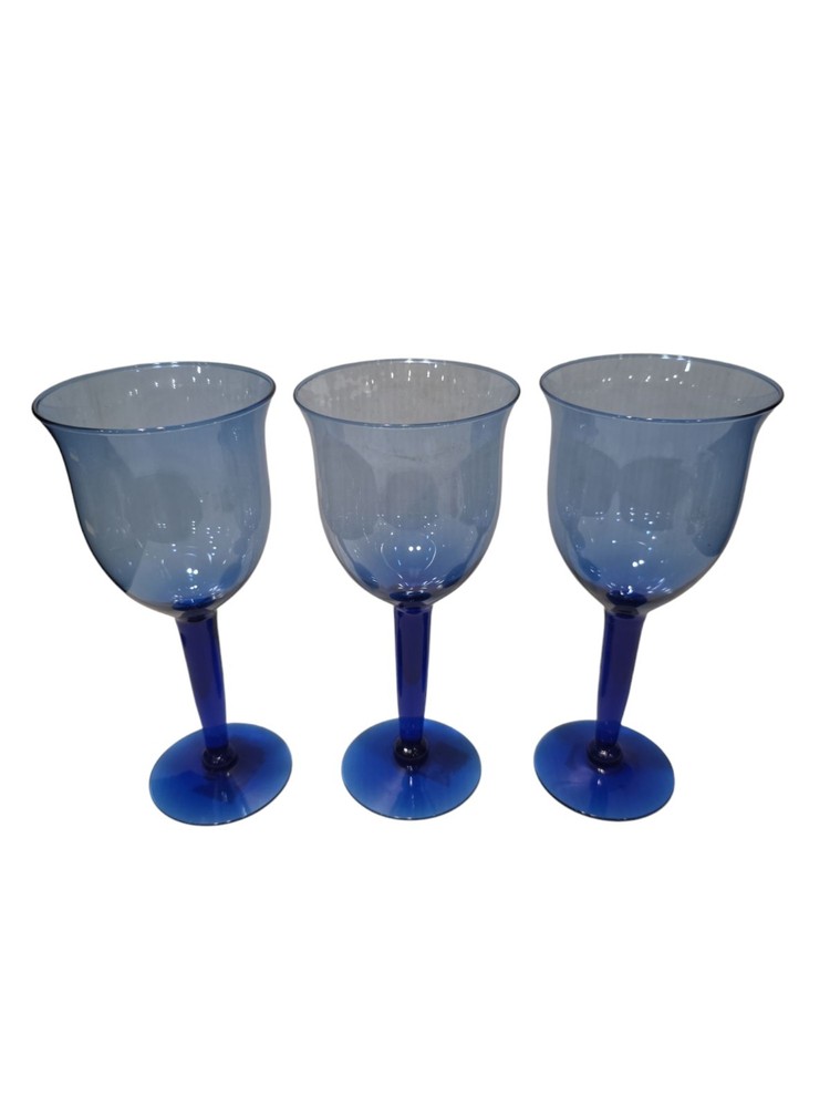 3 Vintage Cobalt Blue Stem Wine Glasses Water Tea Goblets Thick Stem 9.5” Tall