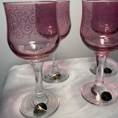 Cristalleria Fratelli Fumo Italy Pink Wine Glasses Etched Scrolls Set of 4