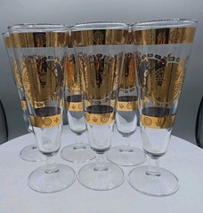 Set Of 6 PILSNER Vintage Drinking Glasses Bar Ware Vito Bari GOLD GILDING EUC