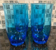 4 Vtg ANCHOR HOCKING Turquoise FLAIR Electric BLUE Laser TUMBLERS Glasses SET