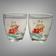 Vintage Anchor Hocking Set Of 6 Transportation Scenes Low Ball Rocks Glasses