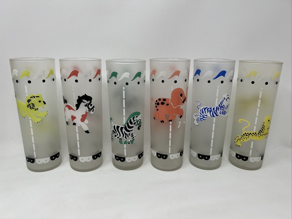 Vintage Libbey Bar Cocktail Glasses Carousel Animals Merry Go Round Set Of 6
