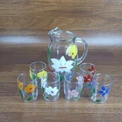 Vintage Bartlett Collins Juice Set Pitcher + 6 Glasses Hand Painted Floral MCM