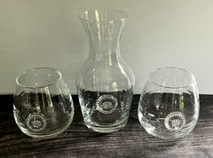 Juliska Berry and Thread Signed 20 OZ Carafe & 2 Stemless 18 OZ Red Wine Glasses