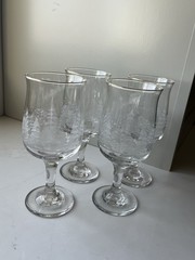 4 Vintage Libbey Winter Snow Scene Crystal Wine Glass w/Etched Trees & Gold Trim