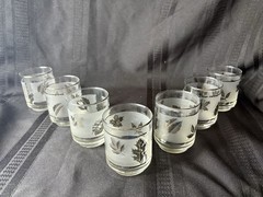 Set of 7 Vintage MCM Libbey Frosted Silver Leaf Rock 3” MCM Glasses 6 oz