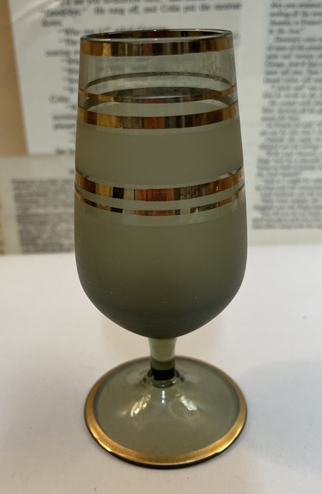 MCM Bohemian Glam Wine Glass Gold Band Smoke Gray Frosted Glass