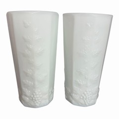 Vintage Westmoreland Paneled Grape Vine Milk Glass Tumblers Set of 2 6in
