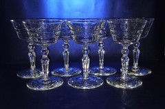 Set of 7, Cut Champagne Glasses w/Tulip-Like Bowl & Knop/Beveled Stem, 4¾» Tall.