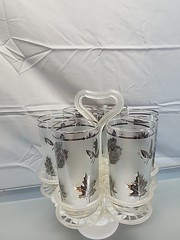 Vintage MCM Libbey Frosted Leaf Glasses W/ Glass Caddy Lot of 6- 5.5” Silver