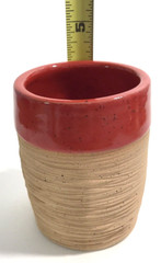 Art Pottery Cup Red and Beige Textured Exterior Glossy Interior Makers Mark