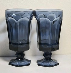Vintage Pair Of Fostoria Virginia Dark Blue 12oz Iced Tea Glasses Pattern #2877